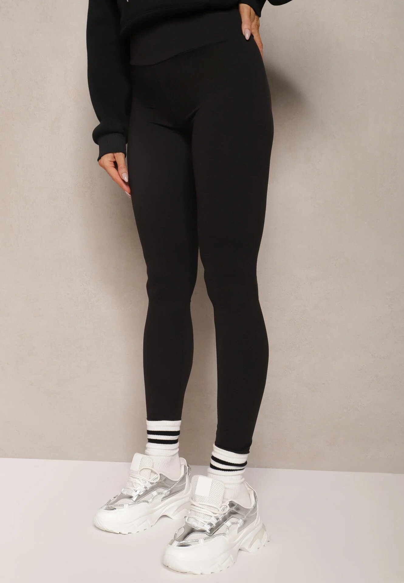 ideal Colanți negri din tricot High Waist cu elastic în talie Nimzza