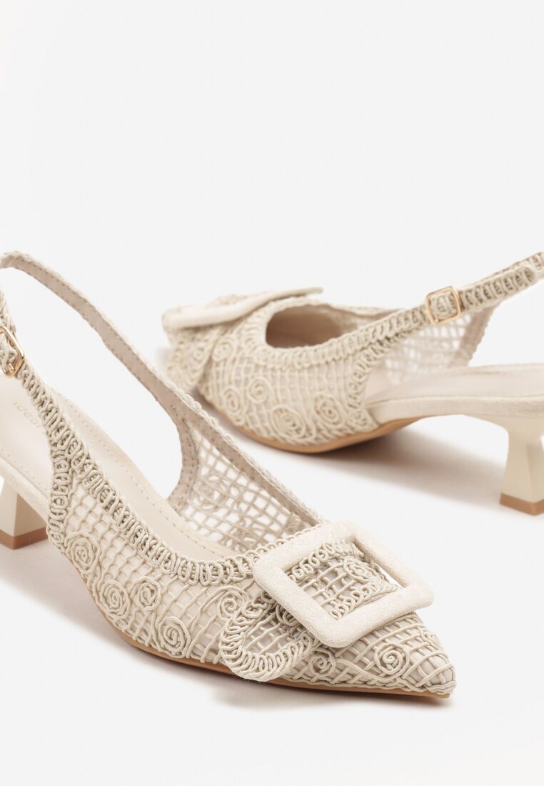 ideal Sandale Bej cu toc mic tip slingback decorate cu împletitură și cataramă Elivrella