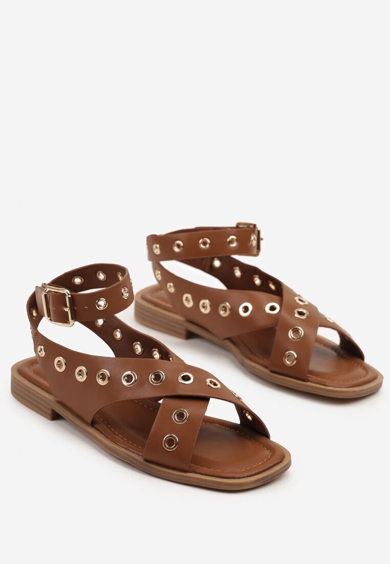 ideal Sandale Maro Tip Gladiator cu Vârf Pătrat Decorate cu Capse Annivelle