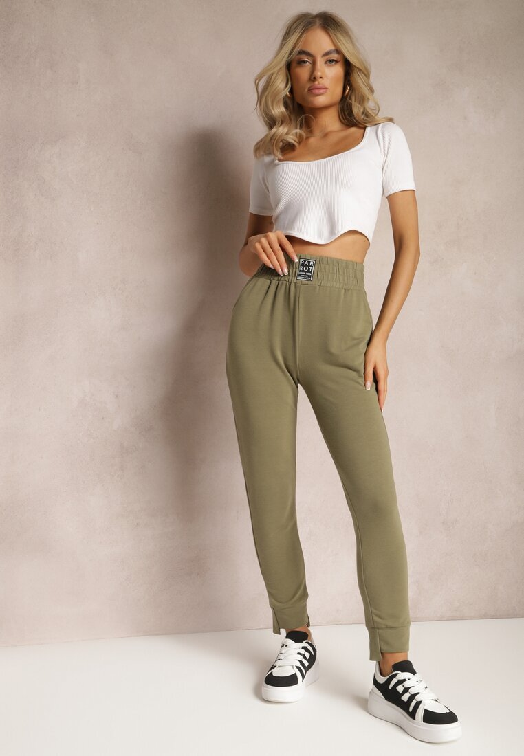 ideal Zielone Spodnie Dresowe High Waist z Kieszeniami i Ściągaczami Falira