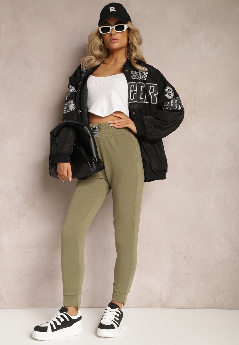 ideal Zielone Spodnie Dresowe High Waist z Kieszeniami i Ściągaczami Falira