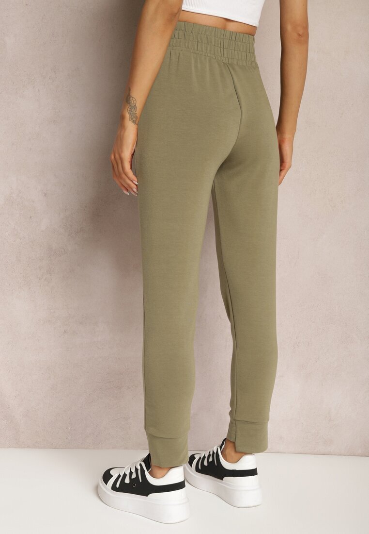 ideal Zielone Spodnie Dresowe High Waist z Kieszeniami i Ściągaczami Falira