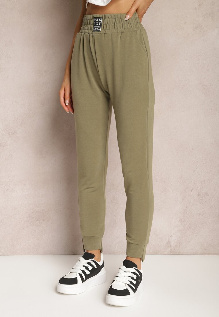 ideal Zielone Spodnie Dresowe High Waist z Kieszeniami i Ściągaczami Falira