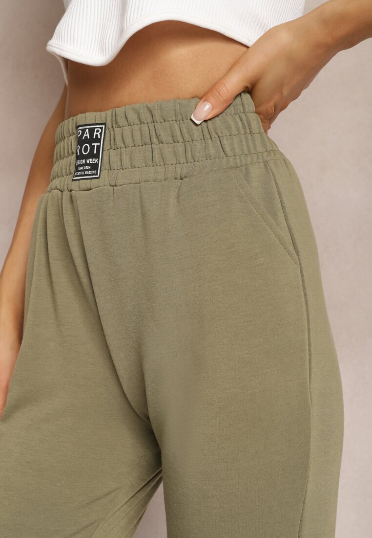 ideal Zielone Spodnie Dresowe High Waist z Kieszeniami i Ściągaczami Falira
