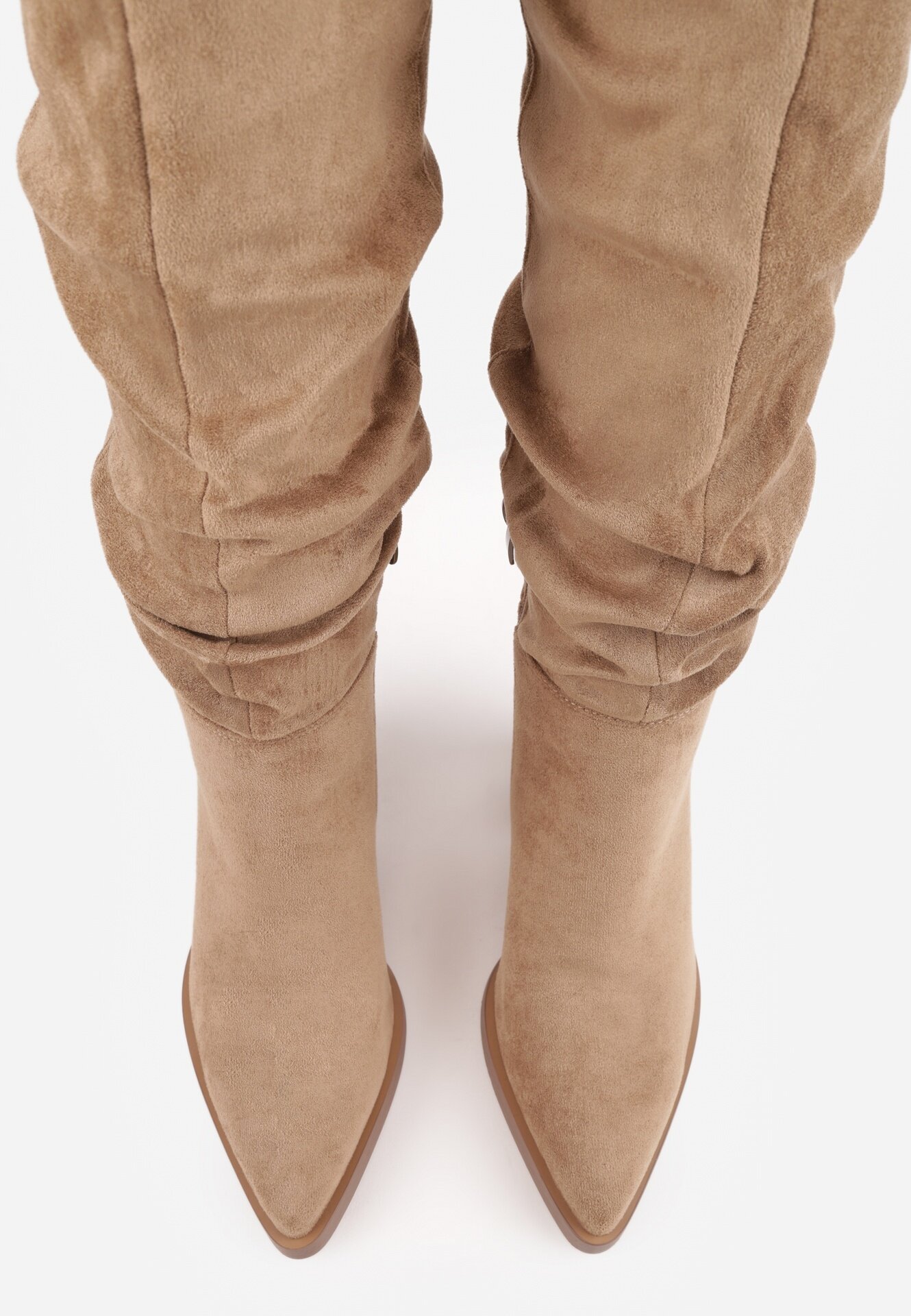 inia Cizme din eco-suede cu toc gros și carâmb decorativ încrețit Reaelora Bej