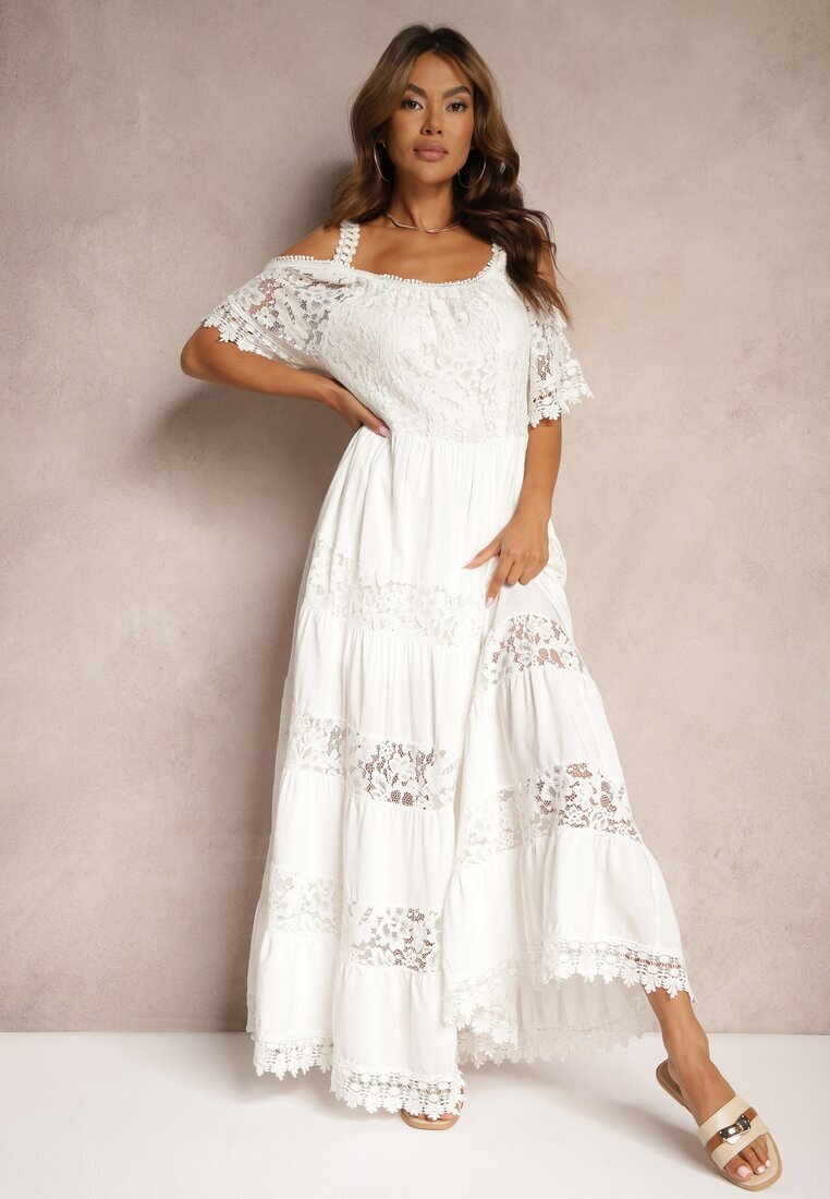 italy moda Rochie Albă de Dantelă din vâscoză cu croială evazată cu bretele Leris