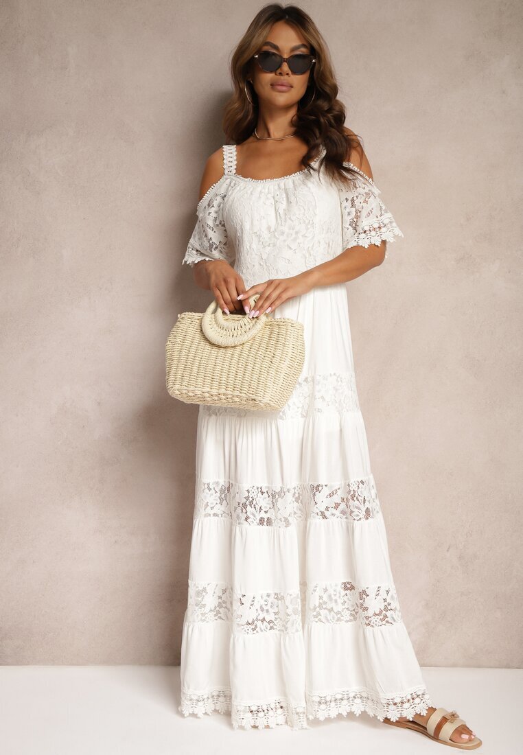 italy moda Rochie Albă de Dantelă din vâscoză cu croială evazată cu bretele Leris