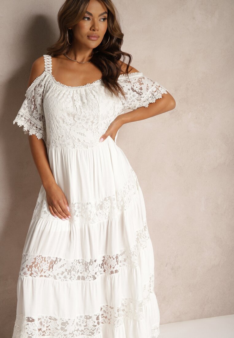 italy moda Rochie Albă de Dantelă din vâscoză cu croială evazată cu bretele Leris