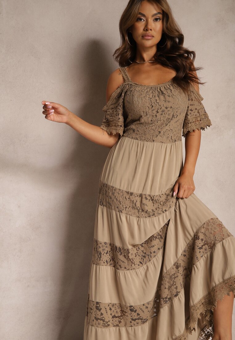 italy moda Rochie maro din dantelă cu viscoză croială evazată cu bretele Leris