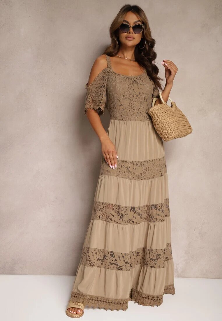italy moda Rochie maro din dantelă cu viscoză croială evazată cu bretele Leris