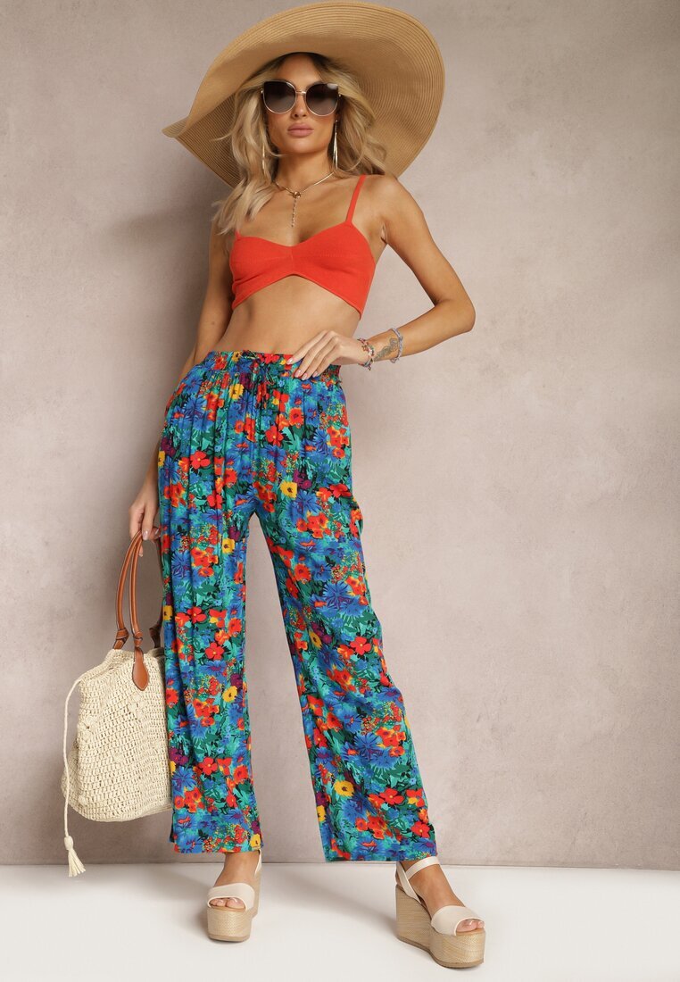 j.stars Pantaloni Albastru-Portocalii din Viscoză cu Croială Dreaptă Talie Înaltă cu Imprimeu Floral Zaranima