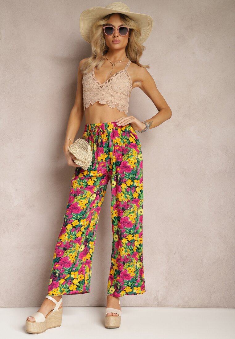 j.stars Pantaloni Galben-Roz din viscoză cu picior drept talie înaltă și model floral Zaranima