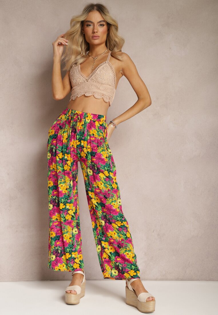 j.stars Pantaloni Galben-Roz din viscoză cu picior drept talie înaltă și model floral Zaranima