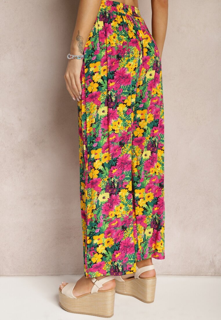 j.stars Pantaloni Galben-Roz din viscoză cu picior drept talie înaltă și model floral Zaranima