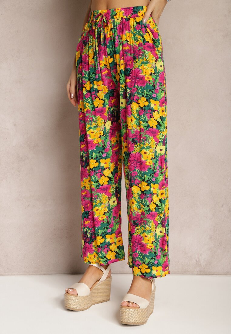 j.stars Pantaloni Galben-Roz din viscoză cu picior drept talie înaltă și model floral Zaranima