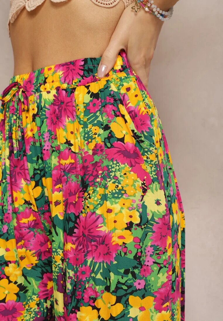 j.stars Pantaloni Galben-Roz din viscoză cu picior drept talie înaltă și model floral Zaranima