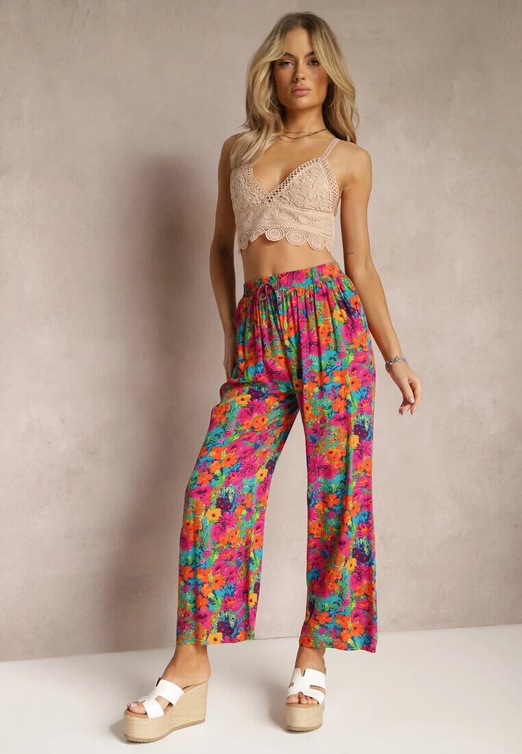 j.stars Pantaloni Portocaliu-Roz de viscoză cu picior drept talie înaltă și imprimeu floral Zaranima