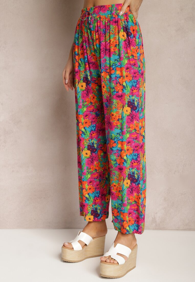 j.stars Pantaloni Portocaliu-Roz de viscoză cu picior drept talie înaltă și imprimeu floral Zaranima