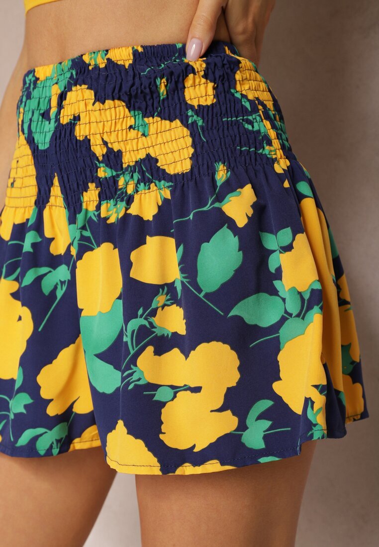 j.stars Pantaloni scurți Albastru-marin și Galben cu model floral cu talie elastică lată și încrețită Orfina