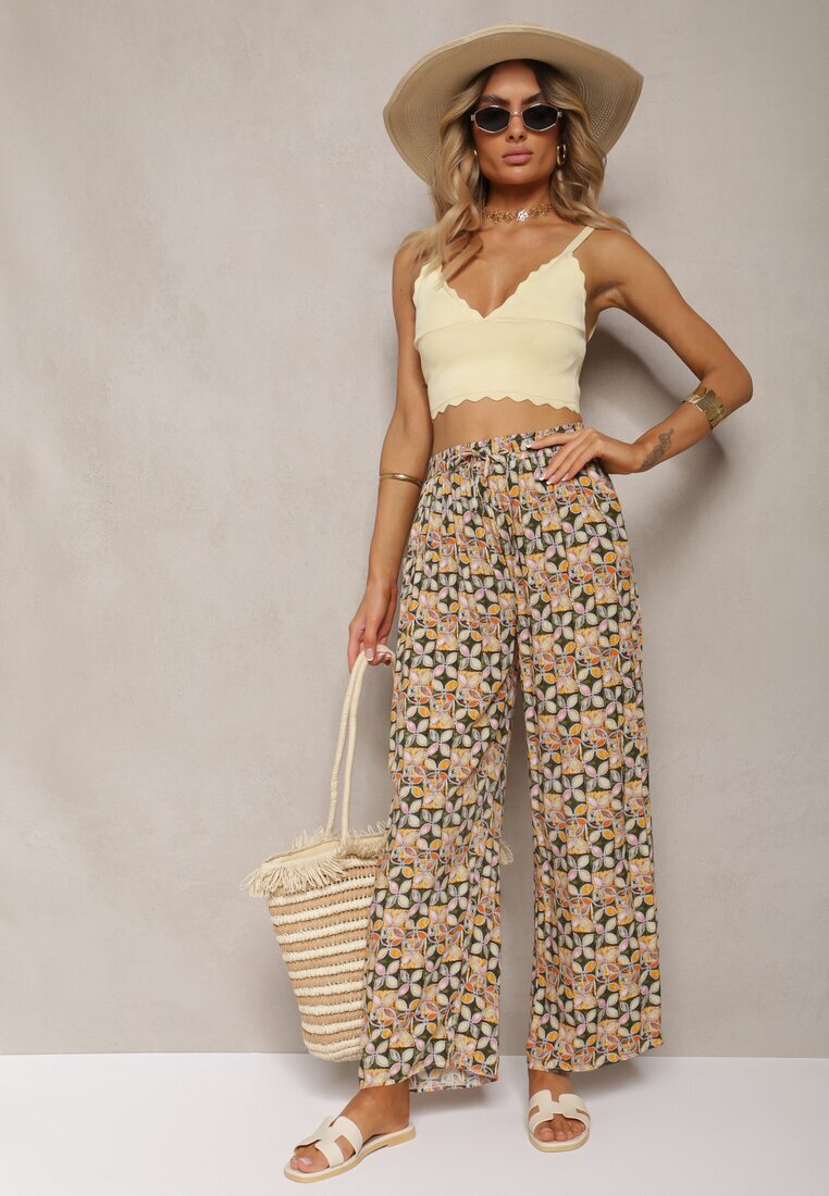 j.stars Pantaloni Verde-Bej Din viscoză High Waist Largi Cu elastic în talie și buzunare Aizha