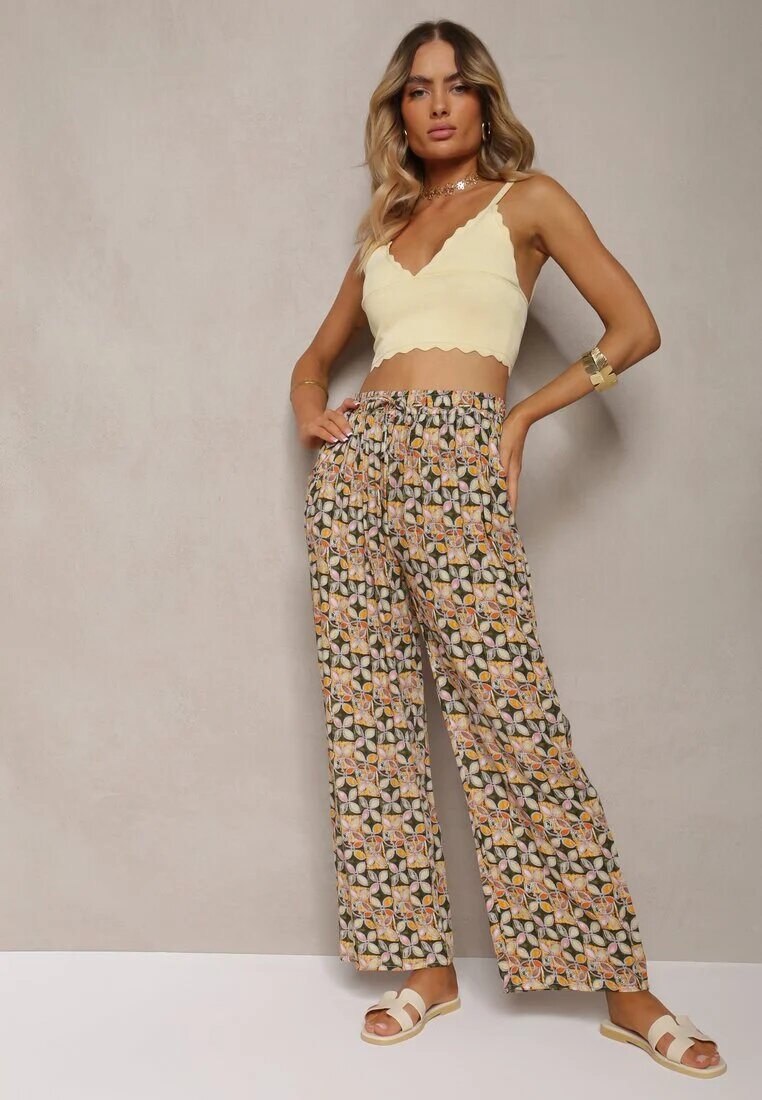 j.stars Pantaloni Verde-Bej Din viscoză High Waist Largi Cu elastic în talie și buzunare Aizha