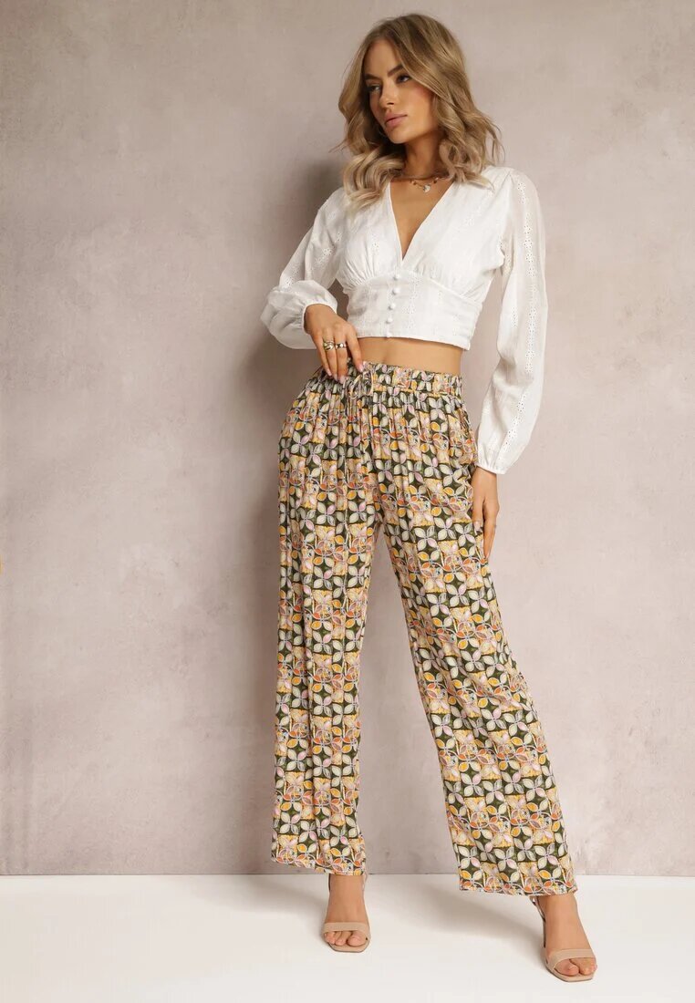 j.stars Pantaloni Verde-Bej Din viscoză High Waist Largi Cu elastic în talie și buzunare Aizha