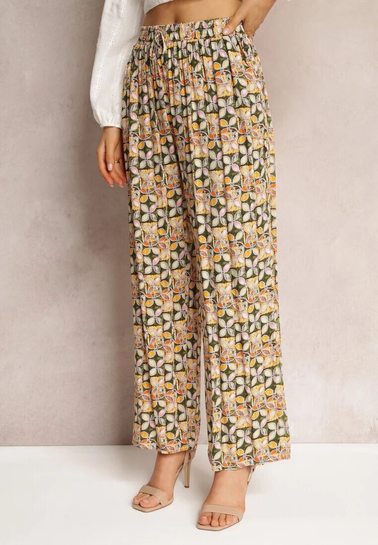 j.stars Pantaloni Verde-Bej Din viscoză High Waist Largi Cu elastic în talie și buzunare Aizha