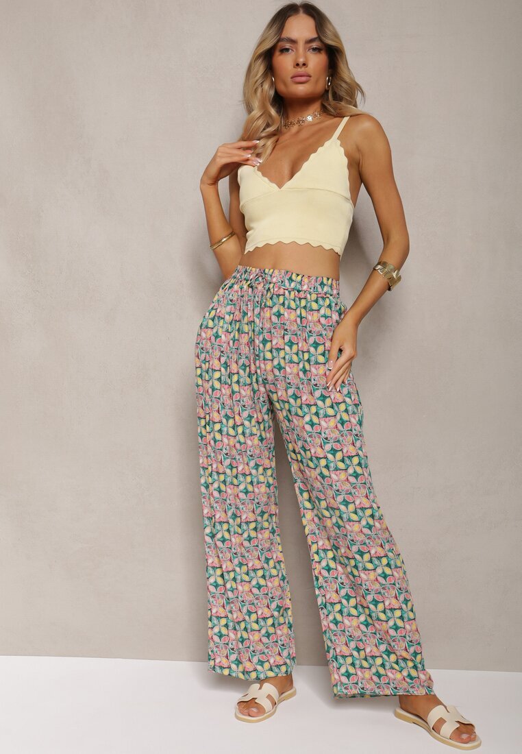 j.stars Pantaloni Verde-Roz din Viscoză Talie Înaltă Largi cu Elastic în Talie și Buzunare Aizha