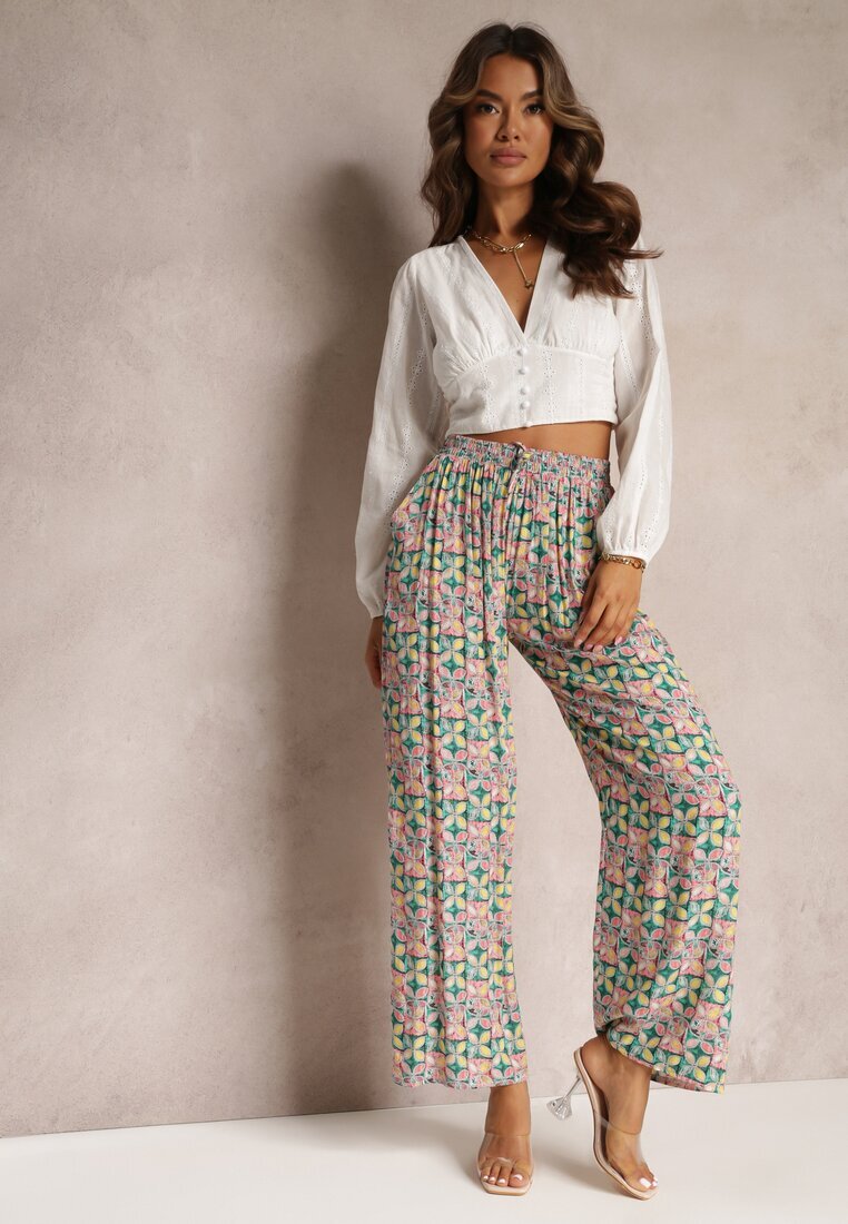 j.stars Pantaloni Verde-Roz din Viscoză Talie Înaltă Largi cu Elastic în Talie și Buzunare Aizha