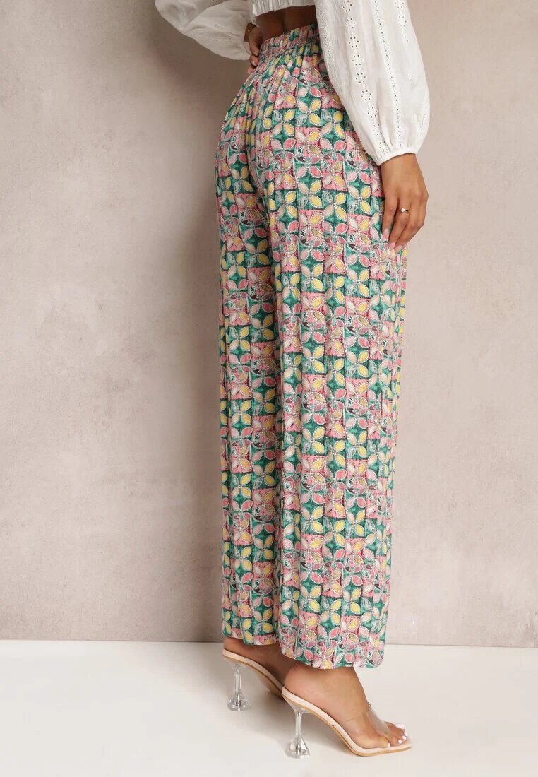 j.stars Pantaloni Verde-Roz din Viscoză Talie Înaltă Largi cu Elastic în Talie și Buzunare Aizha