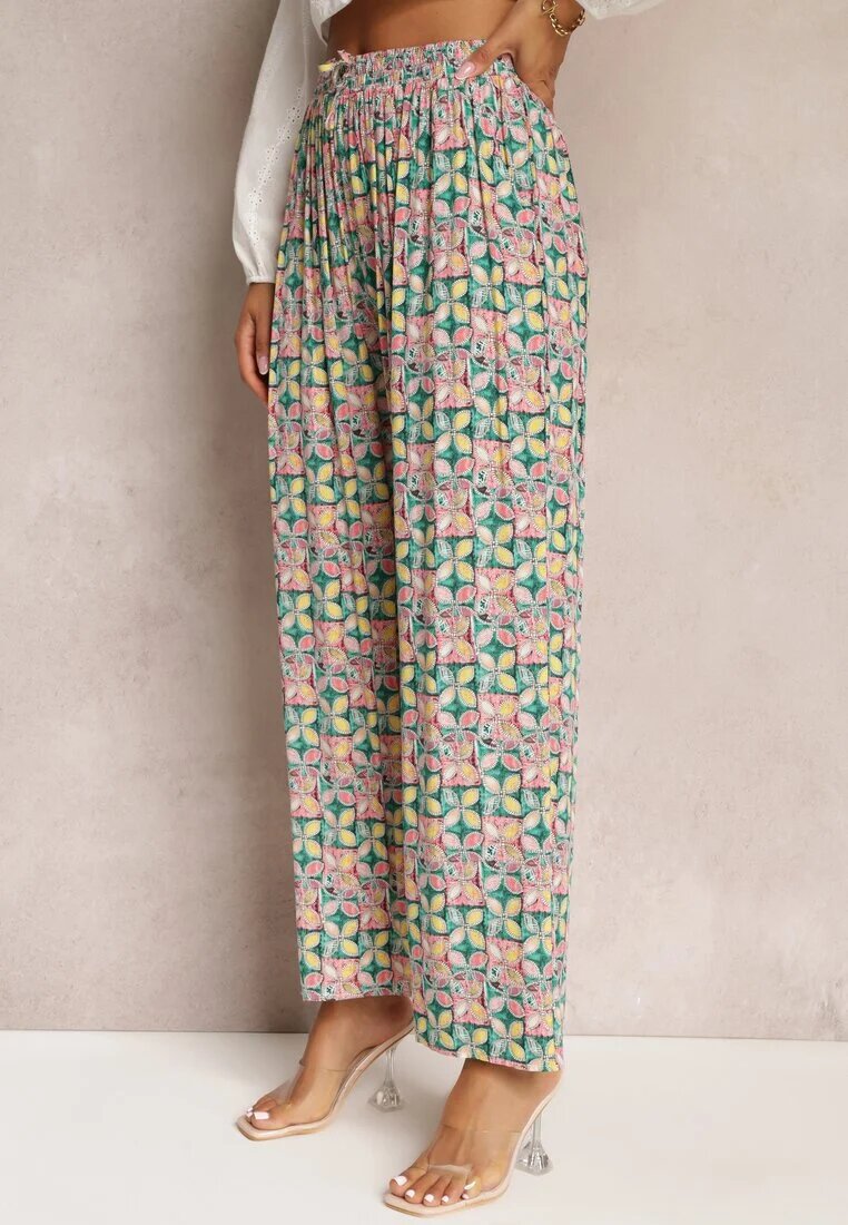 j.stars Pantaloni Verde-Roz din Viscoză Talie Înaltă Largi cu Elastic în Talie și Buzunare Aizha