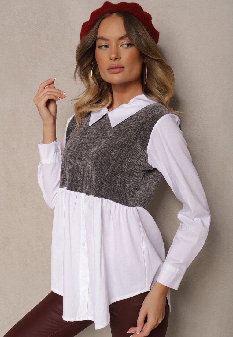 j studio Bluză Alb-Gri cu Bumbac cu Croială tip Cămașă Combinată cu Vestă Tricotată Etavielis