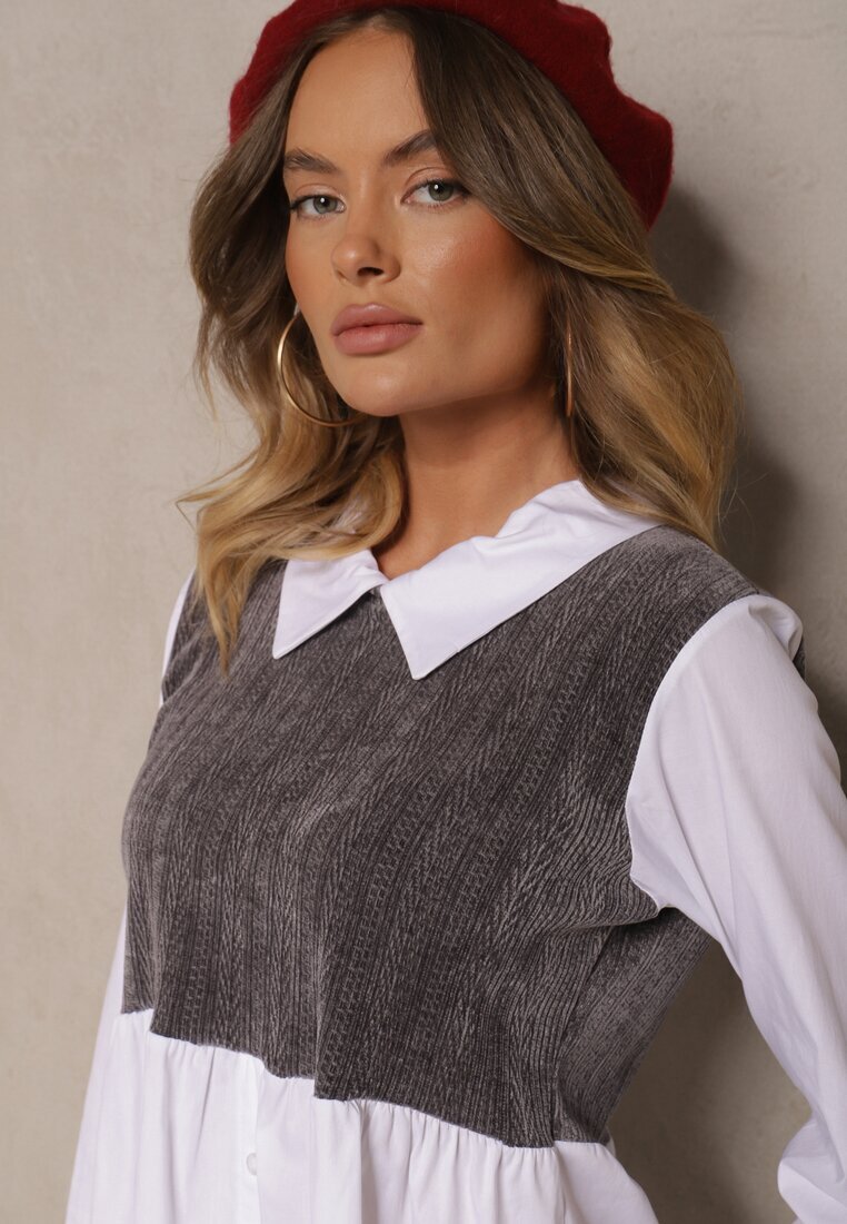 j studio Bluză Alb-Gri cu Bumbac cu Croială tip Cămașă Combinată cu Vestă Tricotată Etavielis