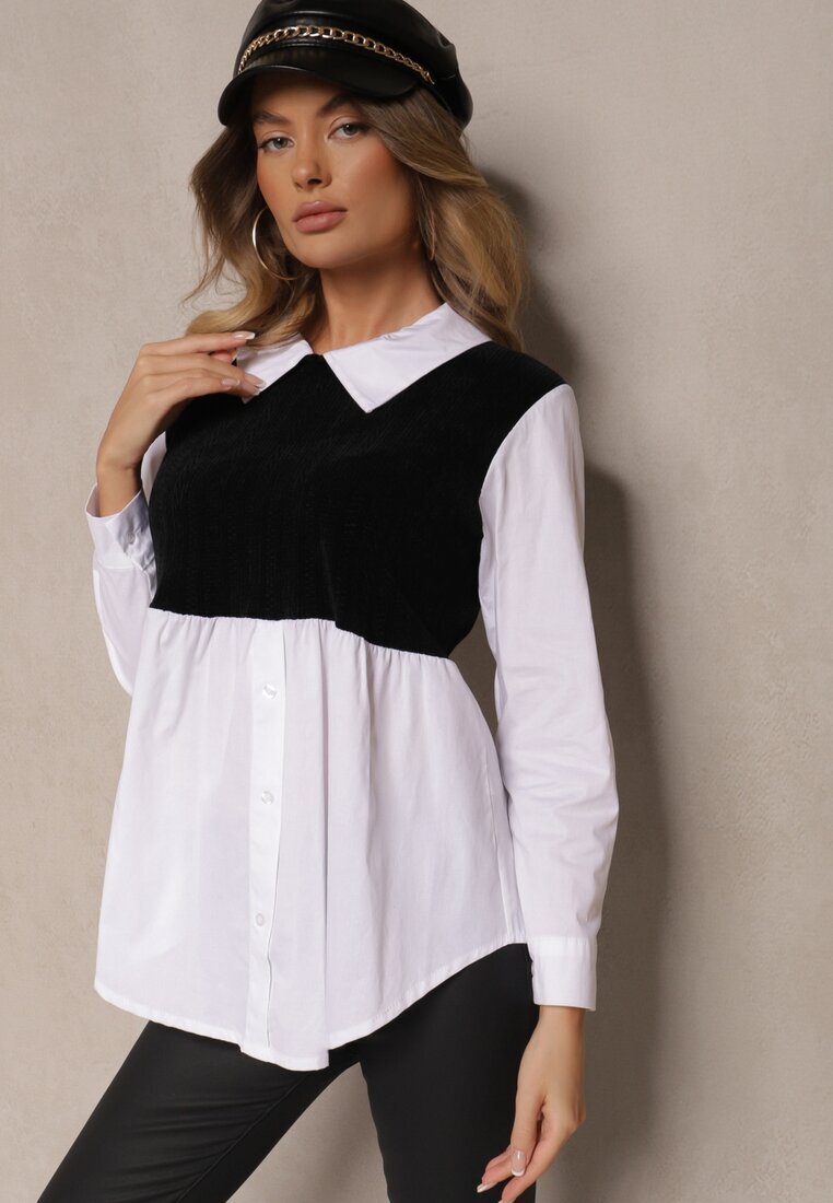 j studio Bluză Alb-Negru din Bumbac cu Croială de Cămașă Combinată cu Vestă Tricotată Etavielis