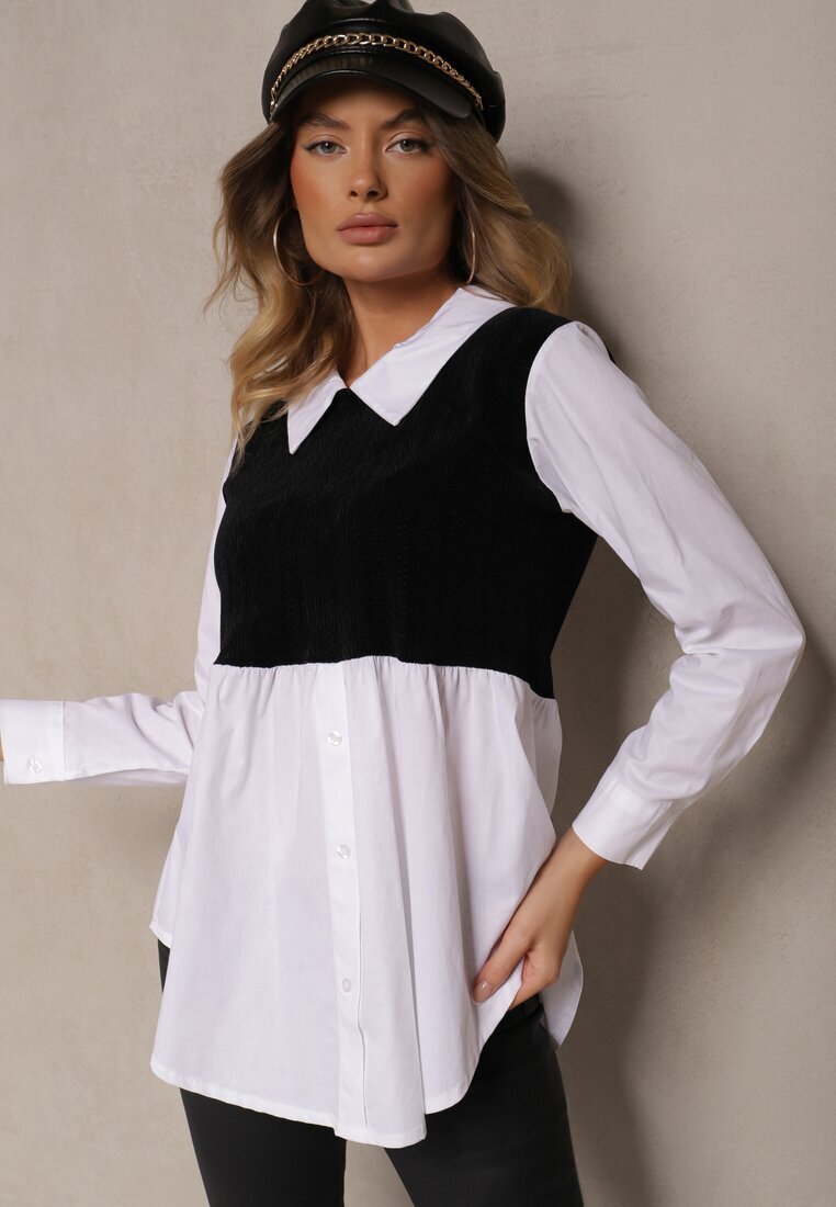 j studio Bluză Alb-Negru din Bumbac cu Croială de Cămașă Combinată cu Vestă Tricotată Etavielis