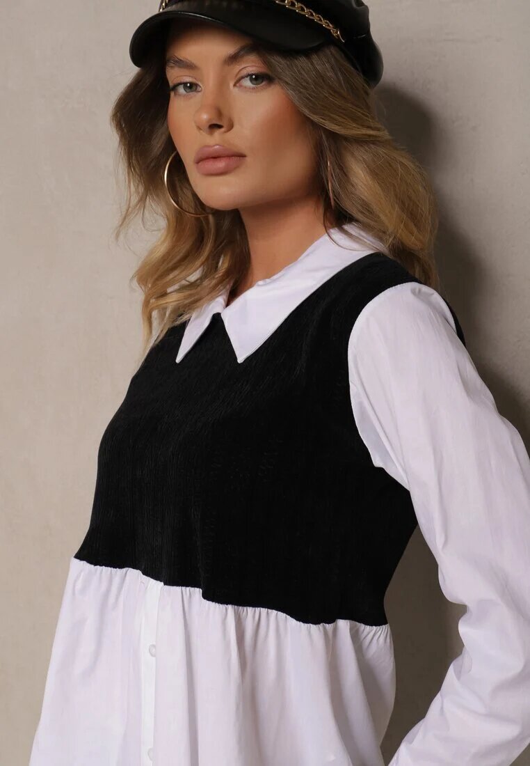 j studio Bluză Alb-Negru din Bumbac cu Croială de Cămașă Combinată cu Vestă Tricotată Etavielis