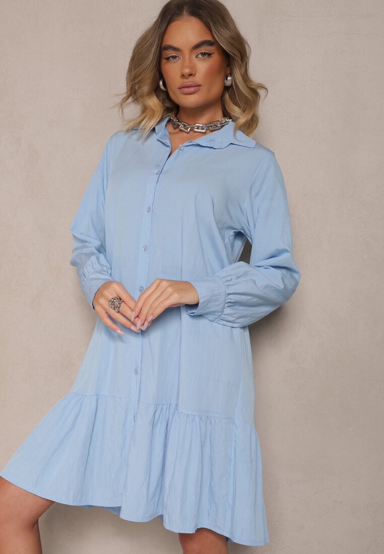 j studio Rochie albastră tip cămașă din viscoză finisată cu volan Tirzedi
