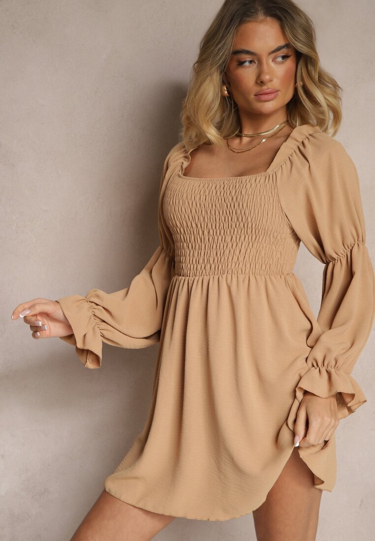 j studio Rochie Bej cu Partea Superioară Elastică cu Croi Evazat cu Volane Savione