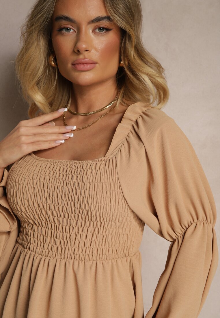 j studio Rochie Bej cu Partea Superioară Elastică cu Croi Evazat cu Volane Savione