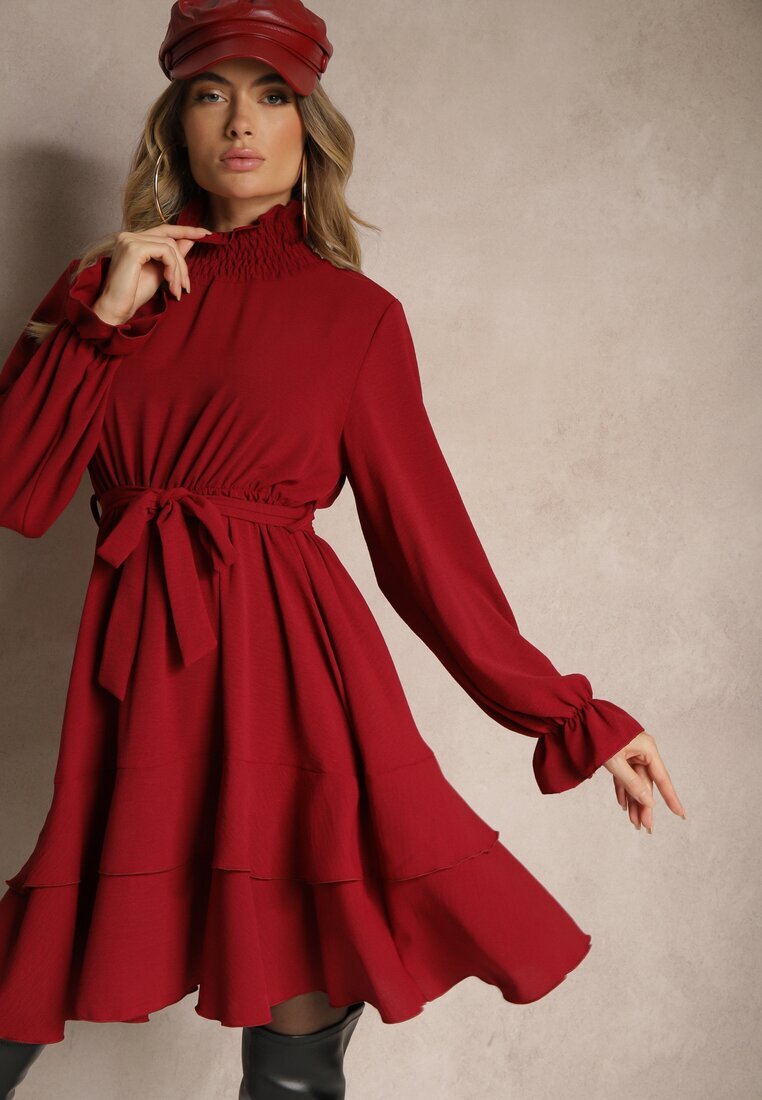 j studio Rochie Bordo cu Volane și Guler tip golf cu Elastic în Talie și Curea suplimentară de legat Savire