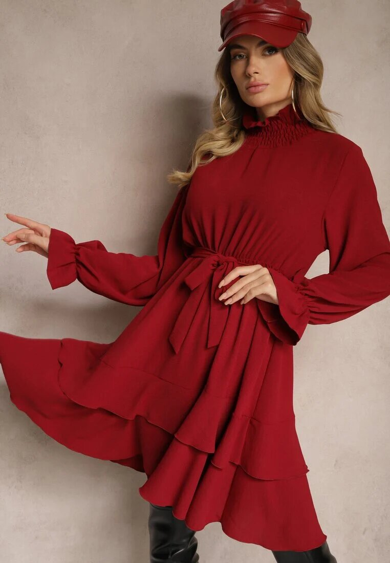 j studio Rochie Bordo cu Volane și Guler tip golf cu Elastic în Talie și Curea suplimentară de legat Savire