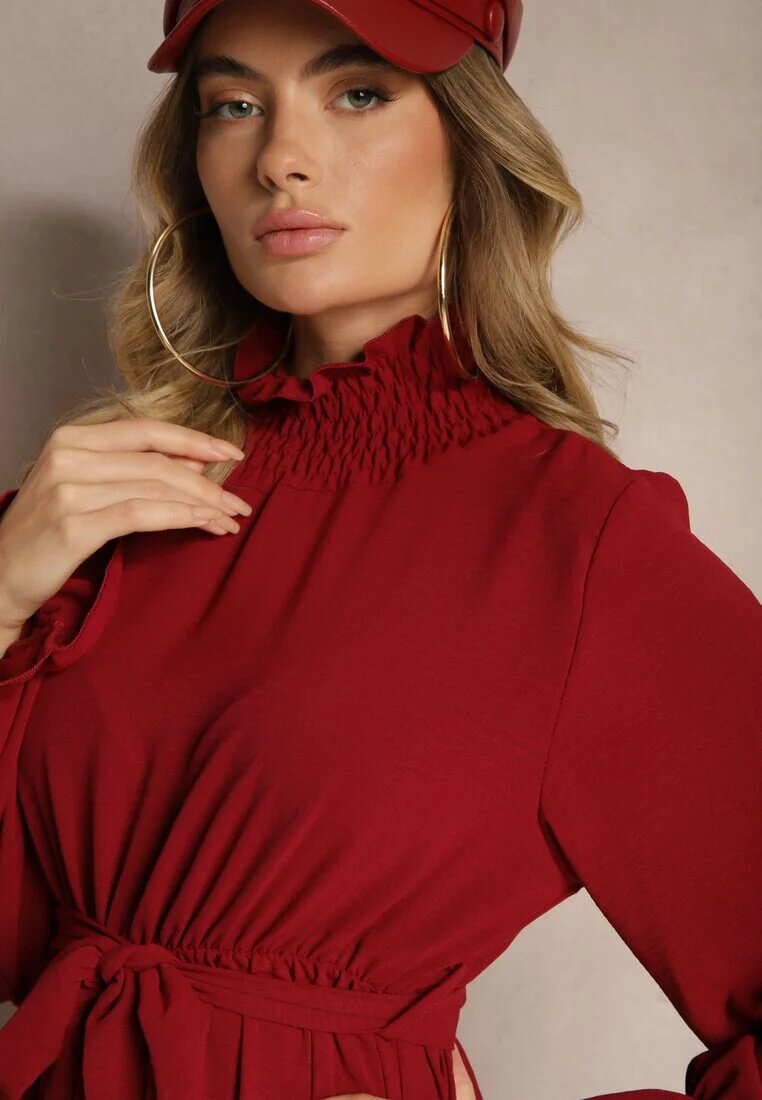 j studio Rochie Bordo cu Volane și Guler tip golf cu Elastic în Talie și Curea suplimentară de legat Savire