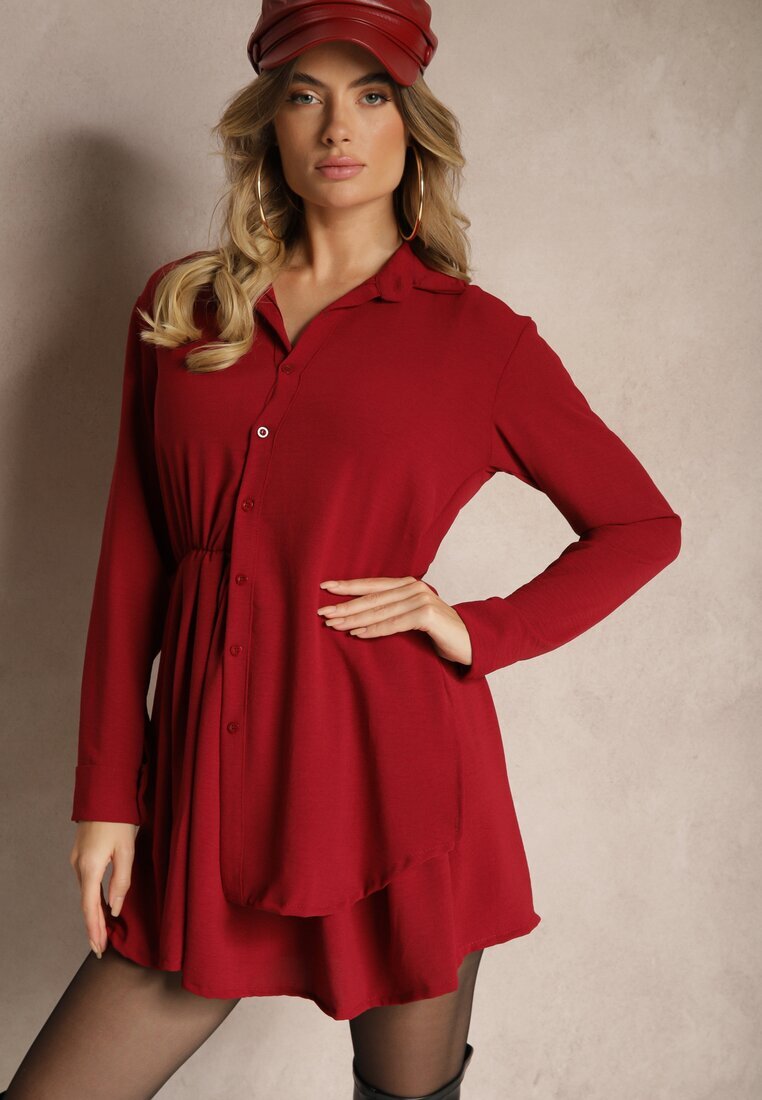 j studio Rochie Bordo tip cămașă cu croială asimetrică evazată cu elastic în talie Eloriana