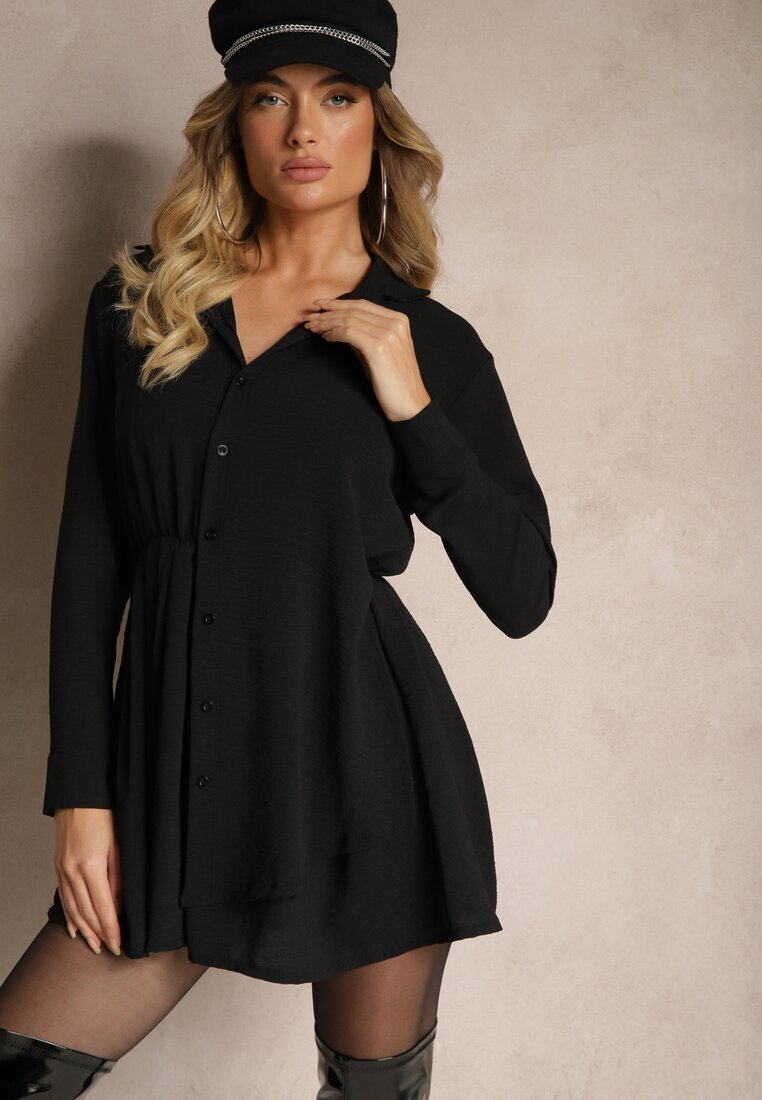 j studio Rochie Cămașă Neagră cu croi asimetric evazat cu elastic în talie Eloriana