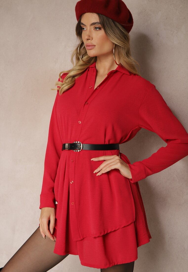 j studio Rochie cămașă roșie asimetrică evazată cu elastic în talie Eloriana