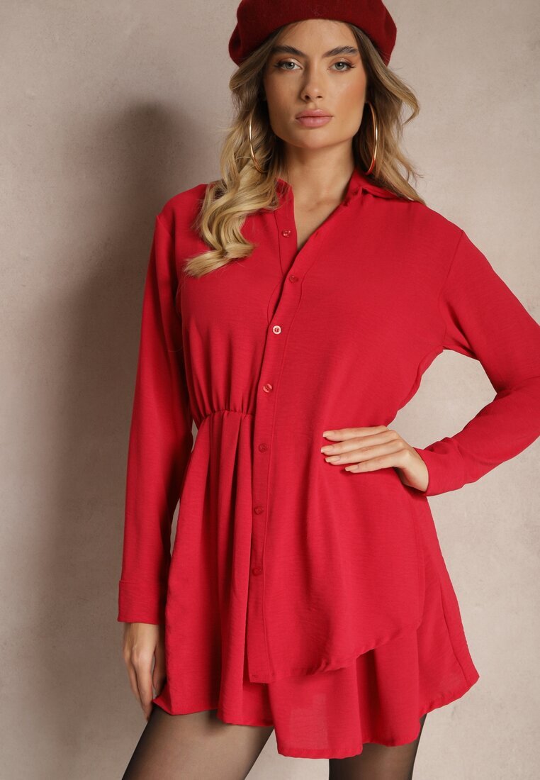 j studio Rochie cămașă roșie asimetrică evazată cu elastic în talie Eloriana