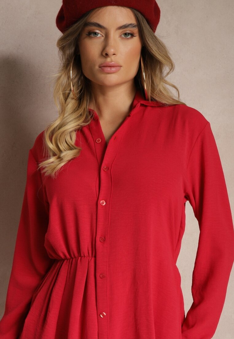j studio Rochie cămașă roșie asimetrică evazată cu elastic în talie Eloriana