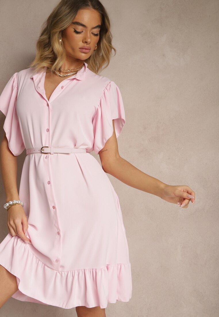 j studio Rochie cămașă roz decorată cu volănașe și nasturi Tenelora