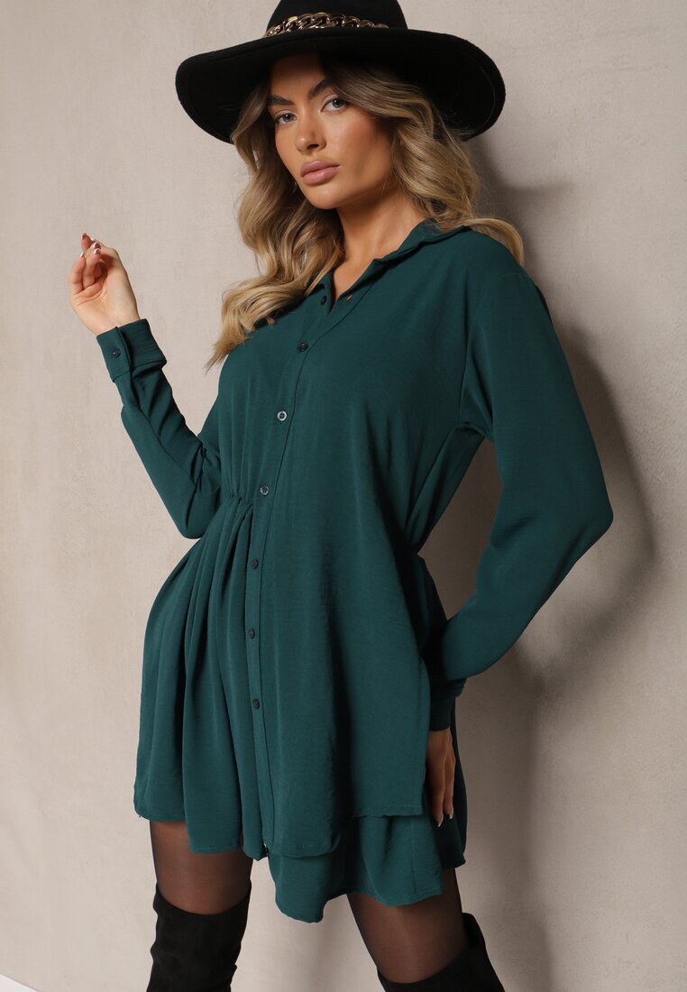 j studio Rochie cămașă Verde închis cu croi asimetric evazat cu elastic în talie Eloriana