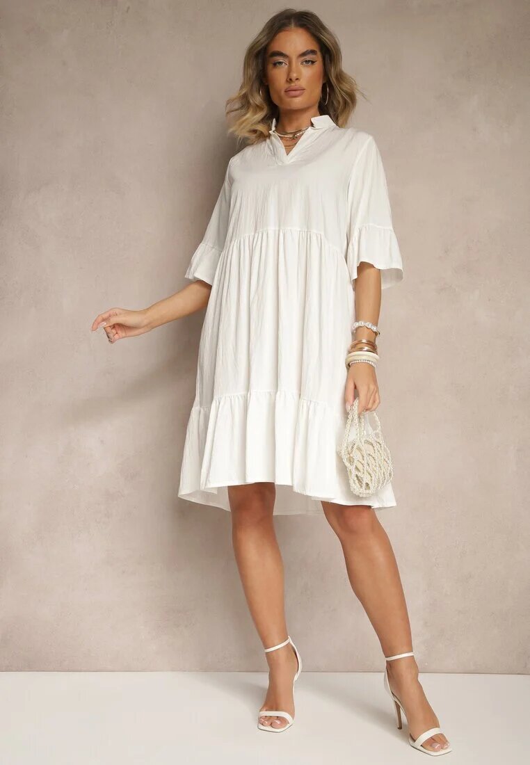 j studio Rochie Cloche Albă cu Viscoză și Volane Eviranna